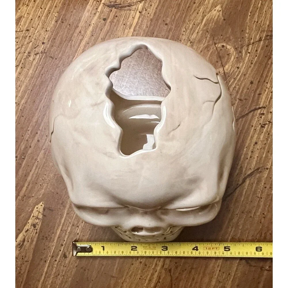 Halloween Skull Skeleton White Ceramic Votive Candle Holder Gothic Decor 5”